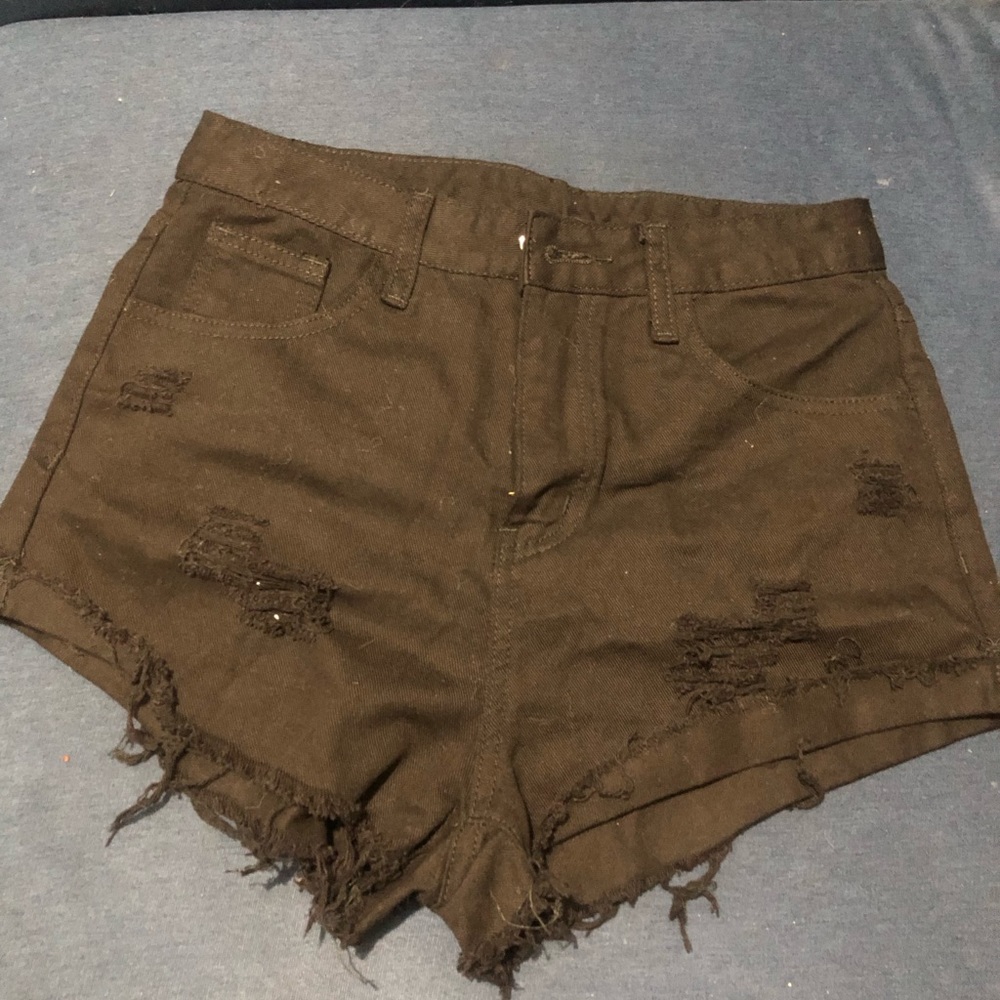 Black distressed jean shorts, size XS